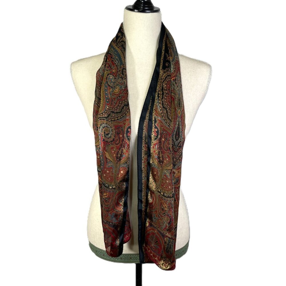 Echo Silk Scarf Paisley Oblong Rectangle 54"x11" Maroon Red Blue Taupe Black - Picture 4 of 10